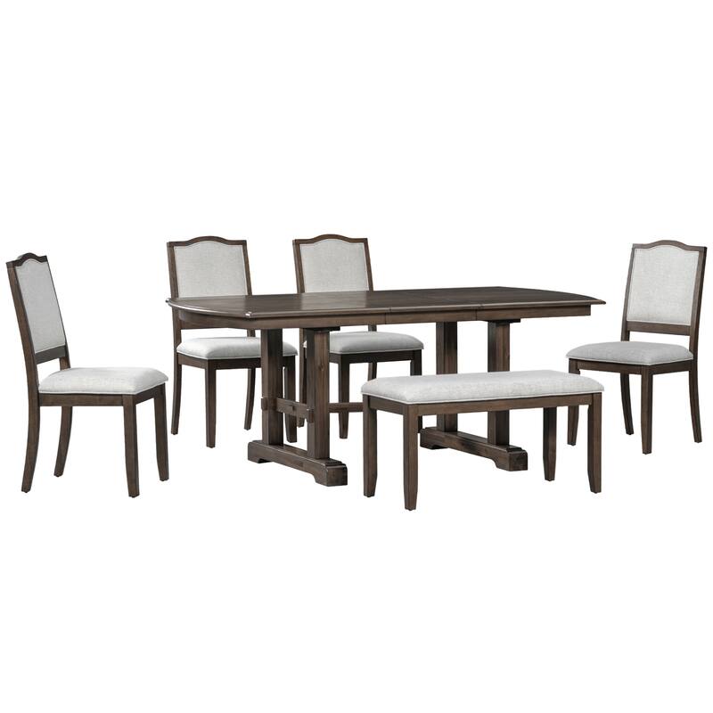 6-Piece Dining Table Set, 60inch to 78inch Extendable Wood Dining Table with Removable Leaf