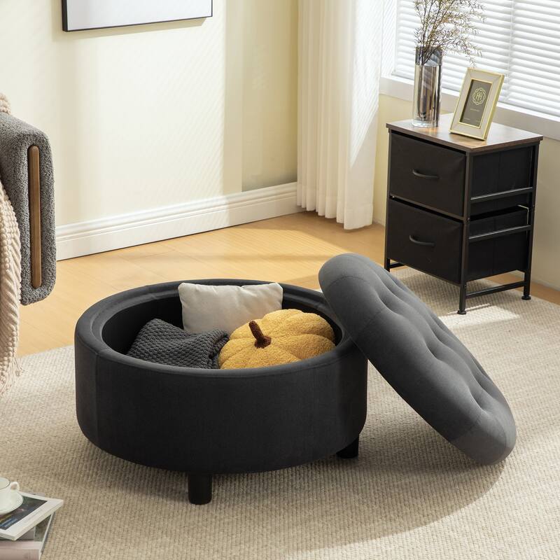 Fabric Storage Ottoman with Reversible Lid and Buckle Design Footstool