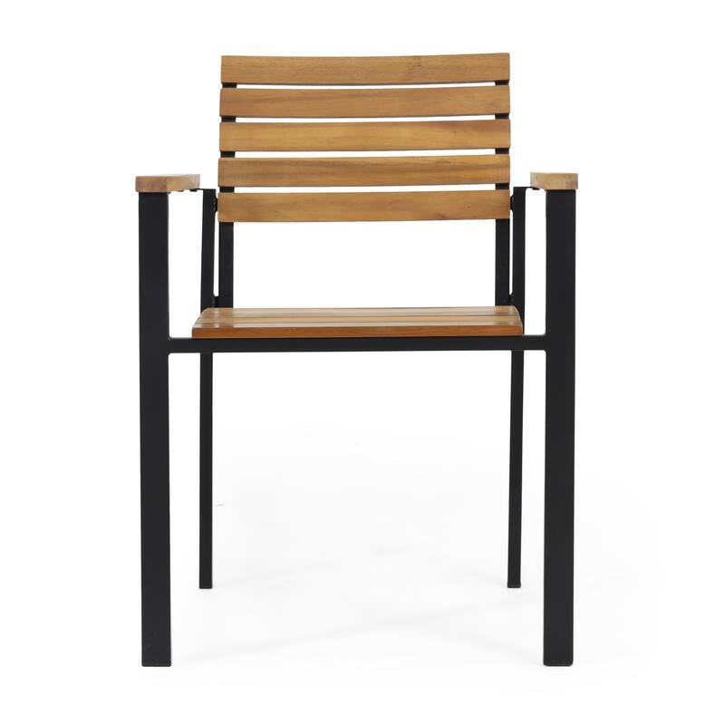 Roomfitters Outdoor Patio Dining Chairs, Wood and Metal Armchairs with Slatted Back for Garden Deck, Teak+ Black