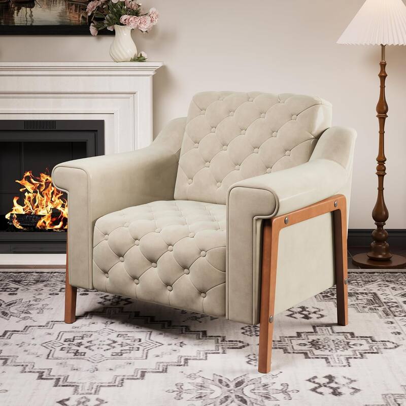 Cozy Accent Chair,PU Leather Modern Living Room Chairs,Mid-Century Office Reading Chair,Single Sofa,Armchair - Ivory