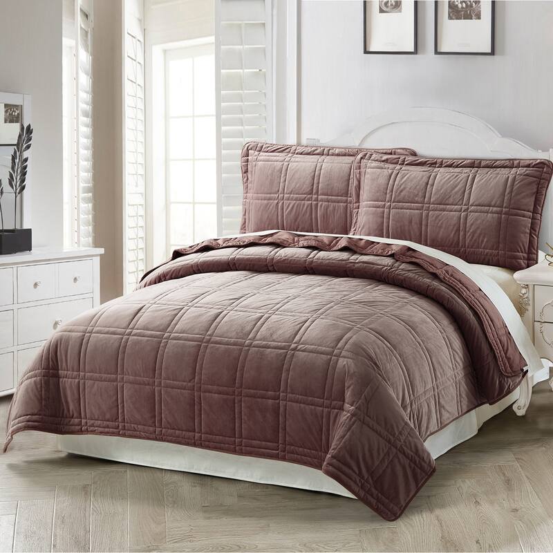 Home Soft Things 3 Piece Box Quilted Micromink Bedspread 102" x 90" - Seal Brown - King