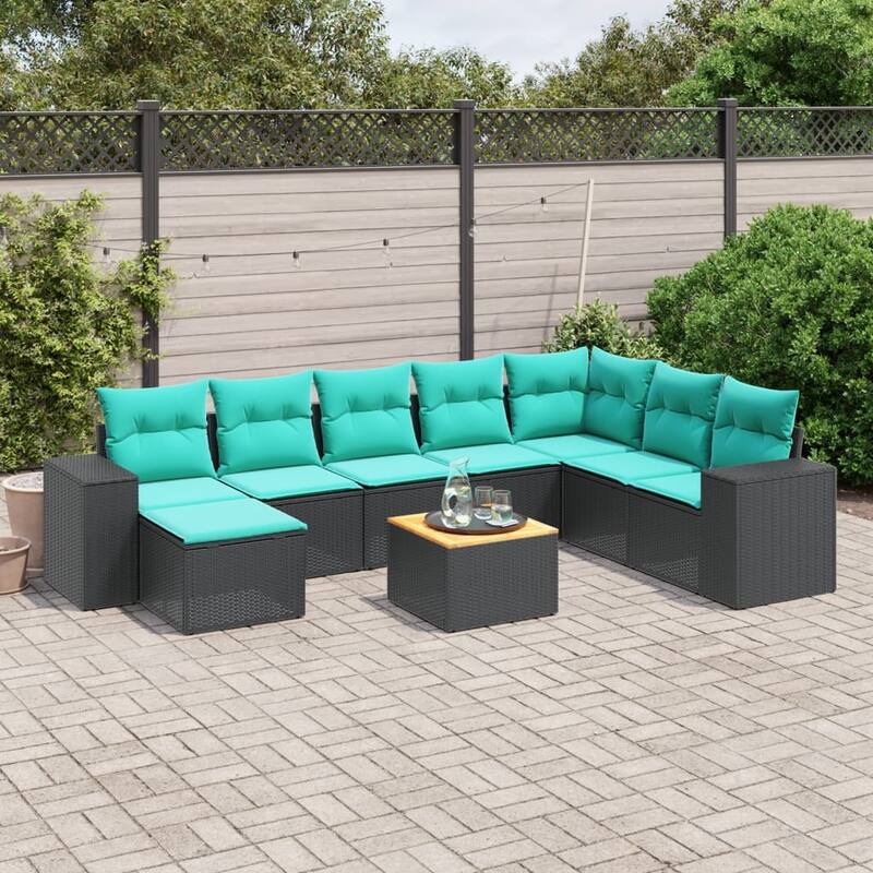 vidaXL 9 Piece Patio Sofa Set with Cushions Black Poly Rattan - 24.4 x 24.4 x 27.2