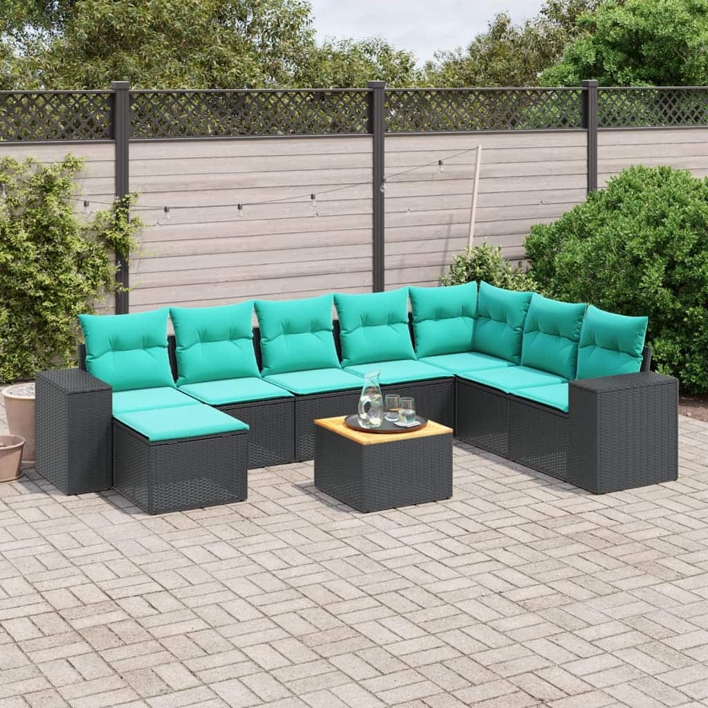 vidaXL 9 Piece Patio Sofa Set with Cushions Black Poly Rattan - 24.4 x 24.4 x 27.2