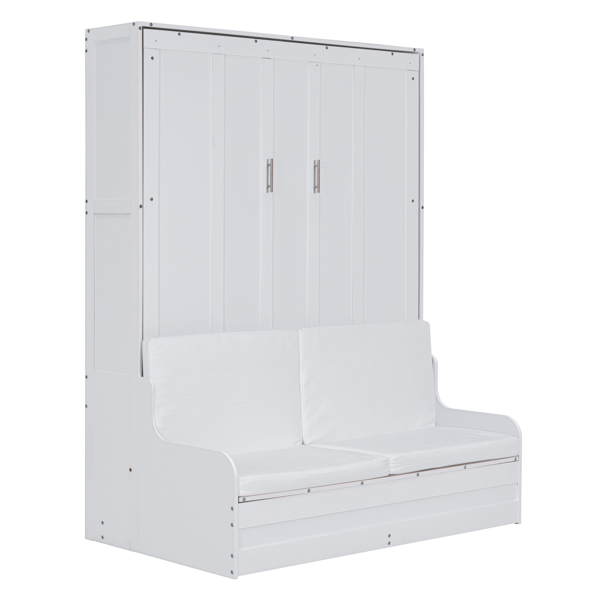 Queen Murphy Bed White Cabinet Bed Sturdy Plywood Bed Frame with Cushion, Stylish & Practical Murphy Bed, Mattress Not Included