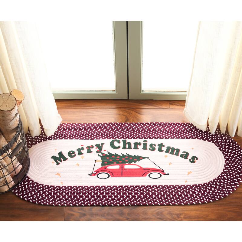 SAFAVIEH Handmade Braided Posters Feride Machine Washable Rug - 1'8" x 3' Oval - Ivory/Burgundy Red - Oval