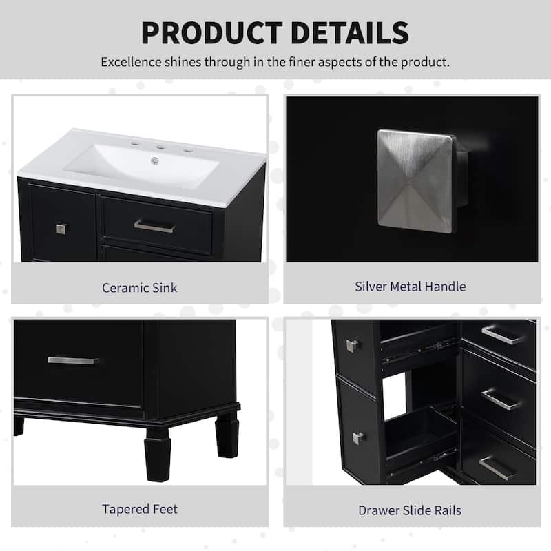 30 Inch Bathroom Vanity with Ceramic Sink, Flip-Out Drawer Design for Plumbing