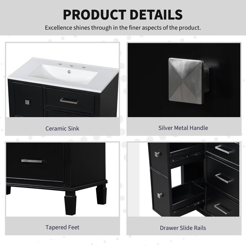 Modern 30 Inch Freestanding Bathroom Vanity with Ceramic Sink, U-Shape Drawer, 4 Drawers & Painted MDF Frame