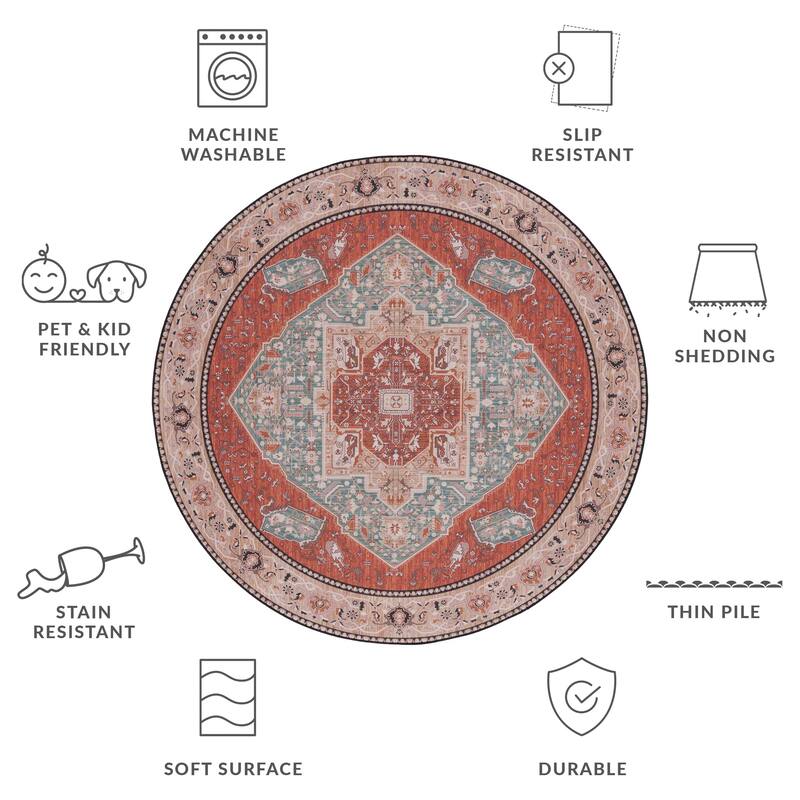 SAFAVIEH Tucson Machine Washable Slip Resistant Dessa Traditional Rug - 8' Round - Aqua/Rust