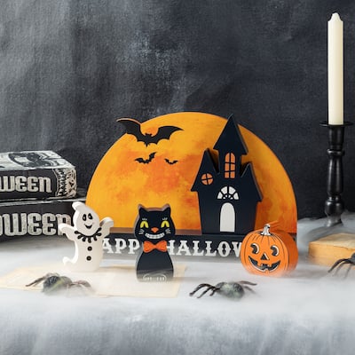 Glitzhome Set of 5 HAPPY HALLOWEEN Wooden Haunted House, Pumpkin & Ghost Table Block Set