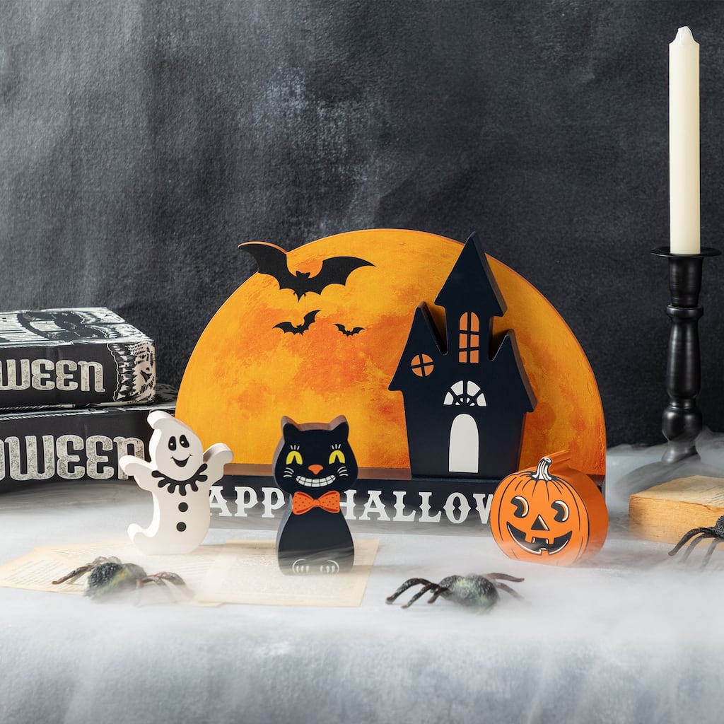Glitzhome Set of 5 HAPPY HALLOWEEN Wooden Haunted House, Pumpkin & Ghost Table Block Set