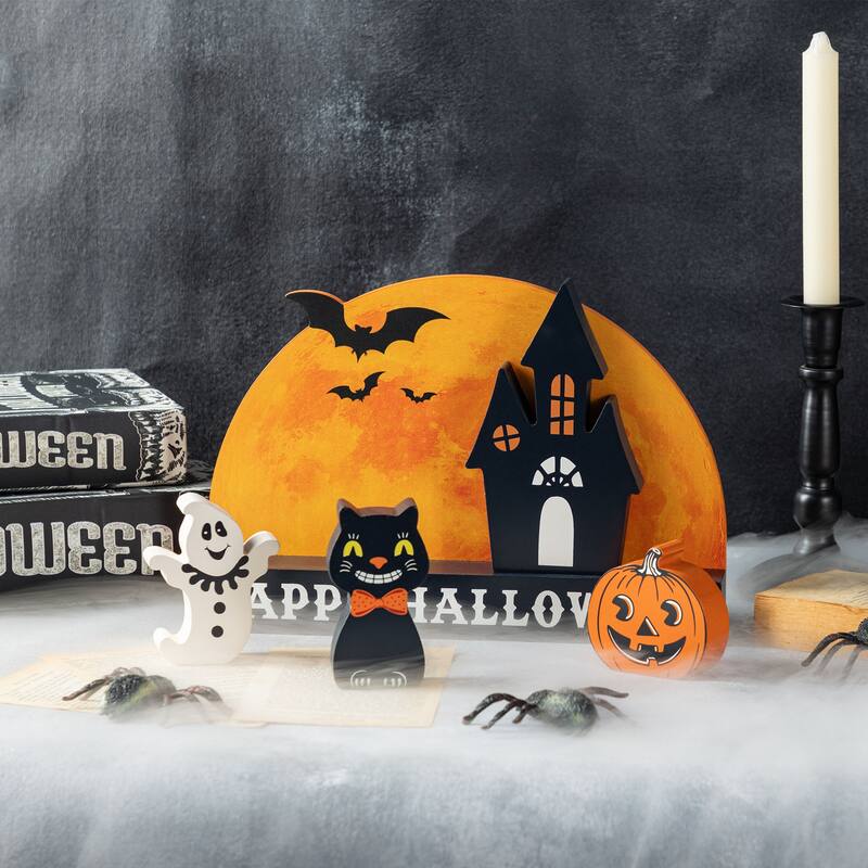 Glitzhome Set of 5 Wooden HAPPY HALLOWEEN Decorative Moon Table Signs with Black Cat, Jack O Lantern, Ghost and Haunted House - Multi