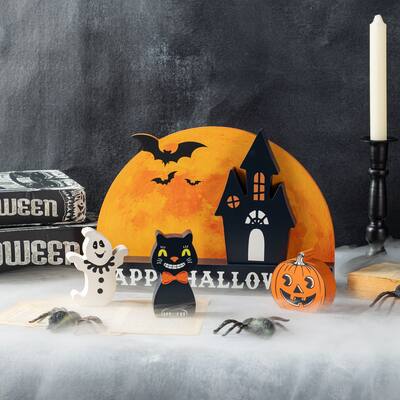 Glitzhome Set of 5 Wooden HAPPY HALLOWEEN Decorative Moon Table Signs with Black Cat, Jack O Lantern, Ghost and Haunted House