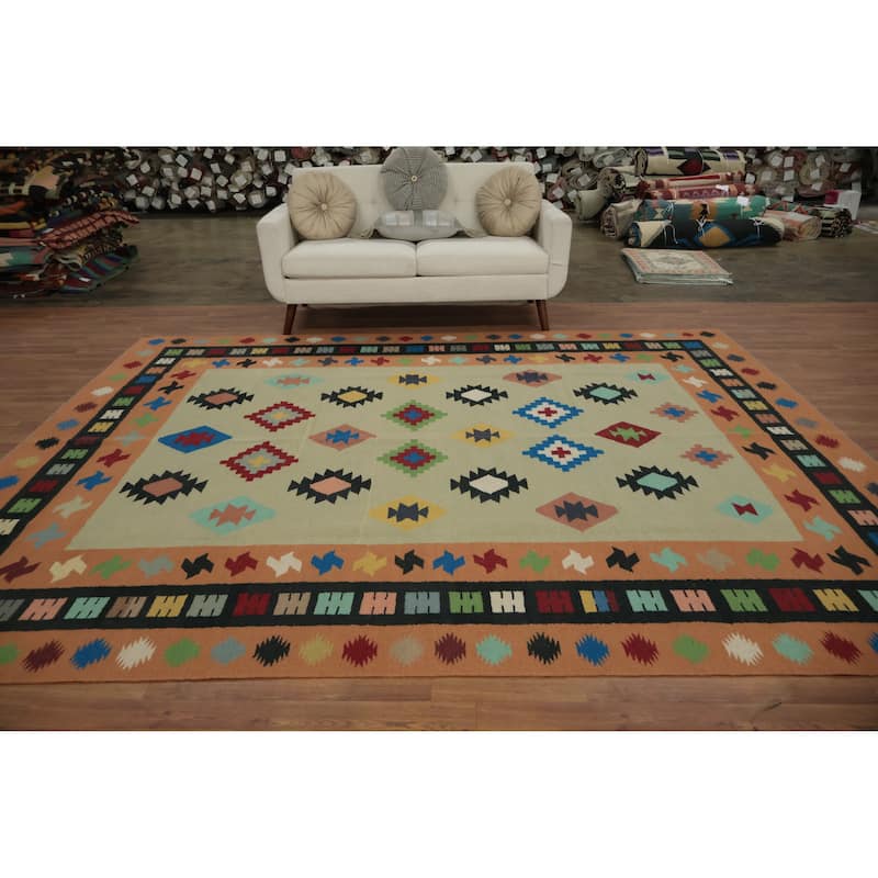 Hand Woven Oriental 100% Wool Carpet Southwestern Modern Green Kilim Area Rug - 10' 7'' X 8' 8''