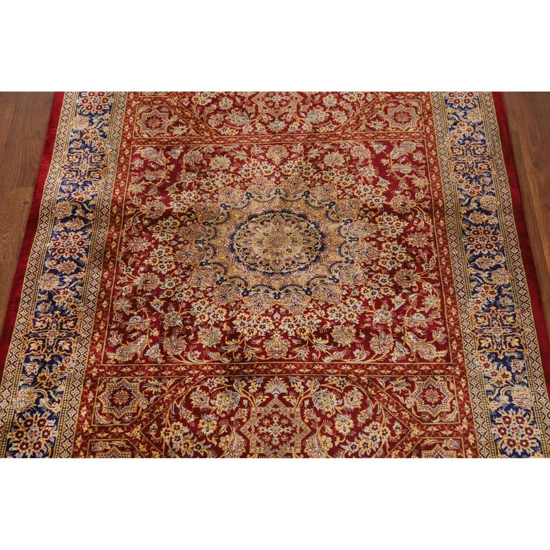 Hand Knotted Oriental Silk Carpet Traditional Floral Red Qum Area Rug - 4' 10'' X 3' 3''