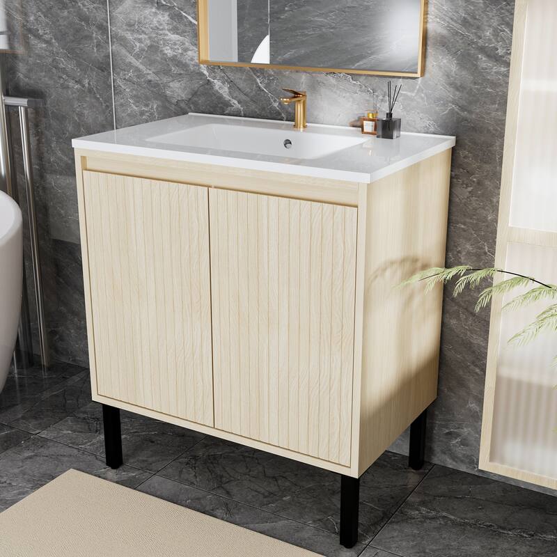 GDFStudio - Ari Modern Aesthetic Freestanding Bathroom Vanity with Ceramic Sink, Soft Close Drawers & Large Storage Spaces
