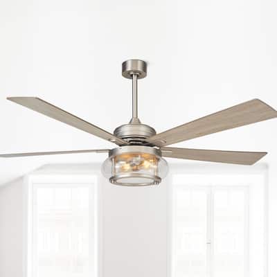 60" Nickel Wooden 5-Blade Outdoor LED Ceiling Fan with Remote