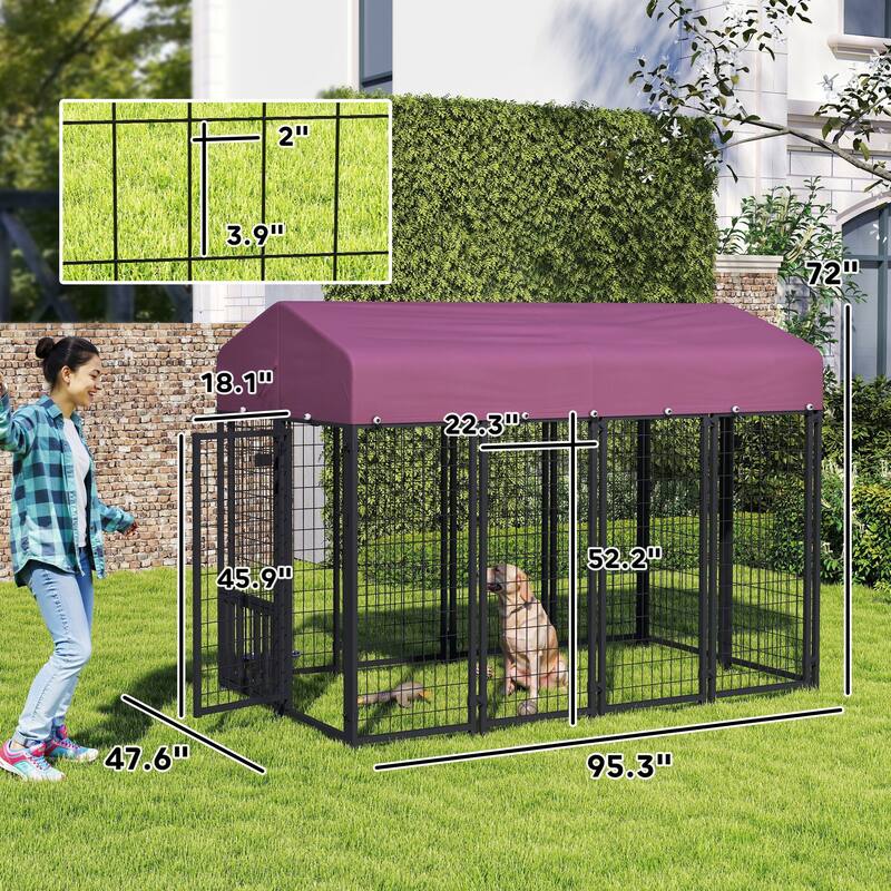 PawHut 7.9' x 4' x 6' Outdoor Dog Kennel, Welded Wire Heavy Duty Dog Run with 360° Rotating & 4 Level Adjustable Bowls