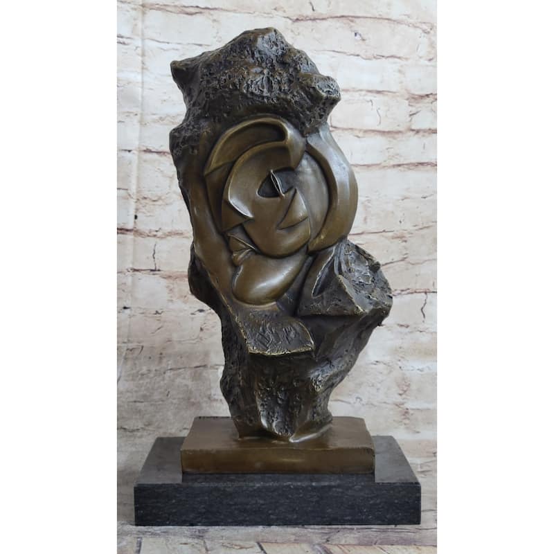 Handmade Abstract Bronze Face Sculpture Marble Base Modern Cubism Home Statue