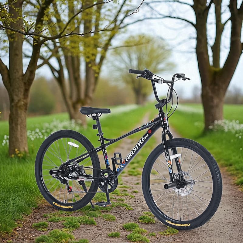 26 Inch Kids Freestyle Mountain Bike, Boys & Girls 12+, Shimano 7-Speed Steel Frame with Dual Disc Brakes