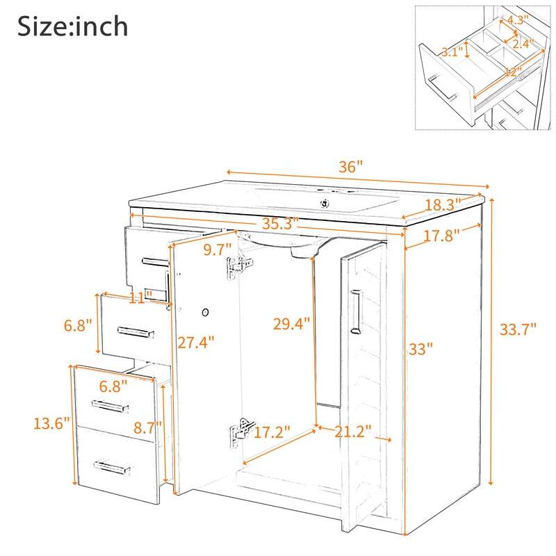 36" Bathroom Vanity with Ceramic Sink, 3 Drawers& Soft Closing Doors