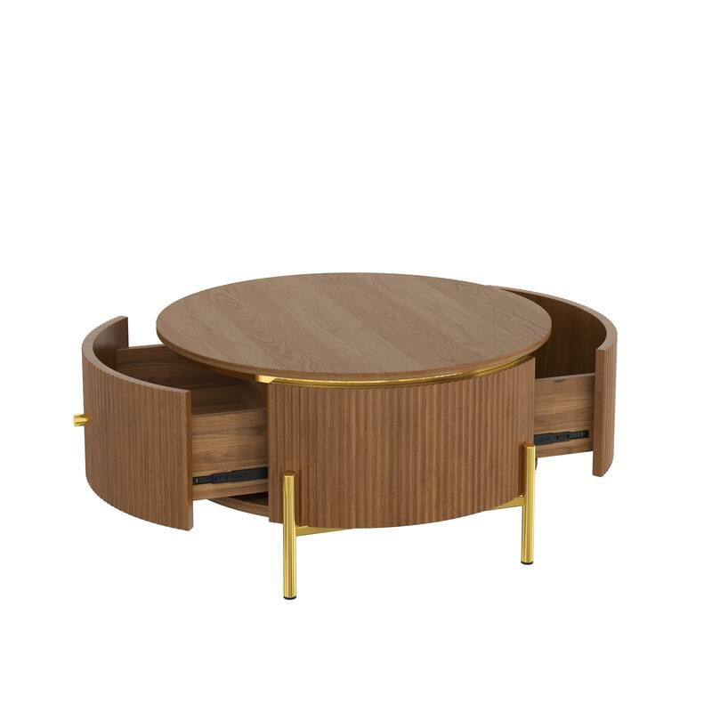 31.5" Round Coffee Table with Storage, Accent Center Table with 2 Drawers, Brown Cocktail Table with Metal Legs