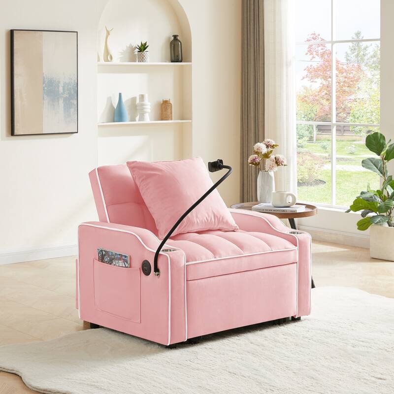 Convertible Pull-Out Chair Bed with USB Ports, Adjustable Backrest & Cup Holder