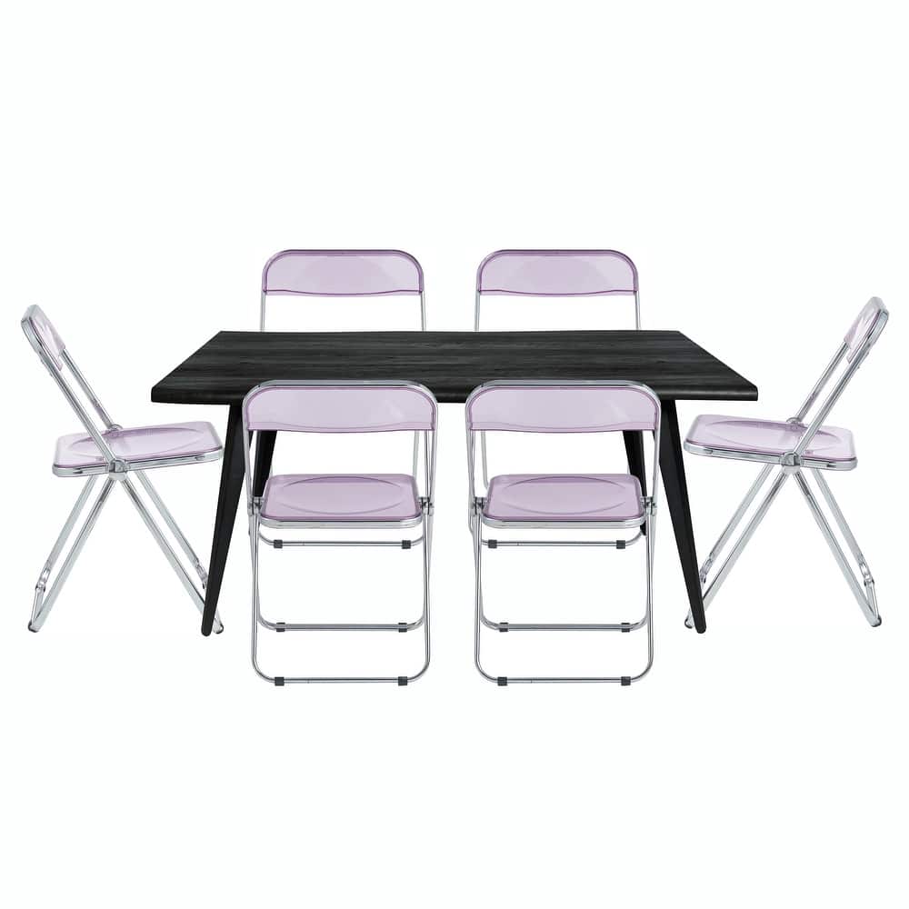 Lawrence Modern 7-Piece Dining Set of 6 Acrylic Folding Dining Chairs and Solid Wood Top with Black Metal Legs