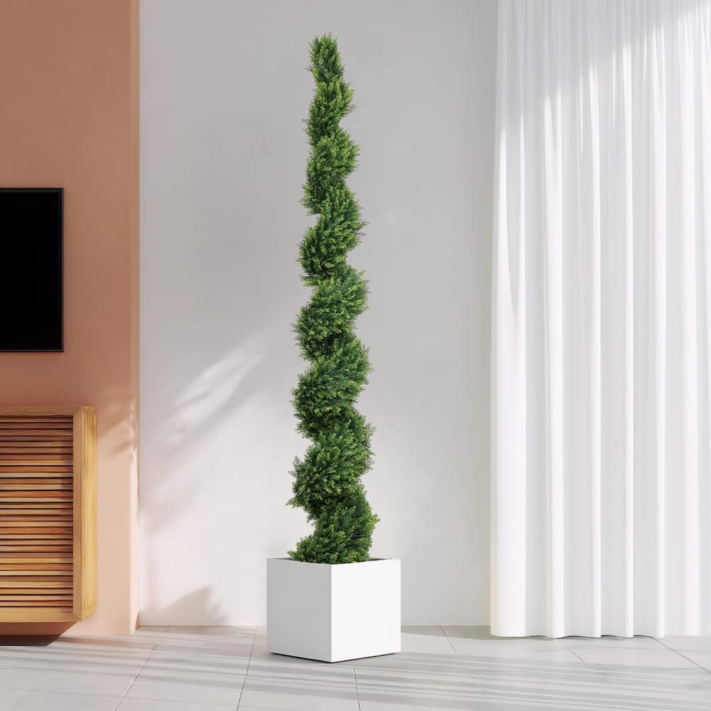 7FT Tall Artificial Two-Tone Cypress Pine Tree - Realistic Lifelike Faux Greenery with Natural Dual Color Leaves - Green