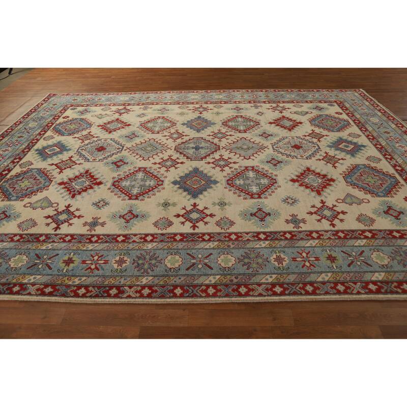 Hand Knotted Oriental 100% Wool Carpet Traditional Geometric Beige & Ivories Kazak Area Rug - 12' 0'' X 9' 1''