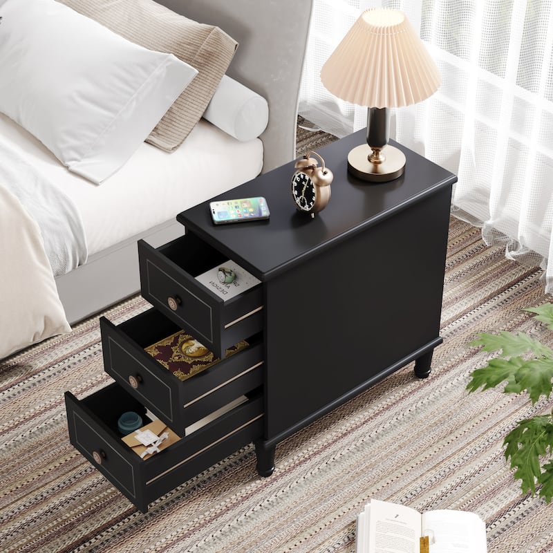 Fully Assembled Narrow End Table, Solid Wood Side Table with 3 Drawers, Vintage Nightstand Slim Bedside Table for Small Spaces