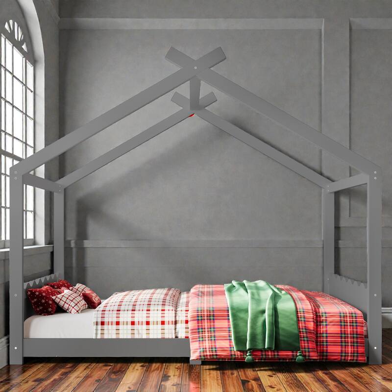 Kids Solid Wood House Floor Bed with Support Slats, Montessori Low Profile Bed, No Box Spring Needed - Grey - Queen