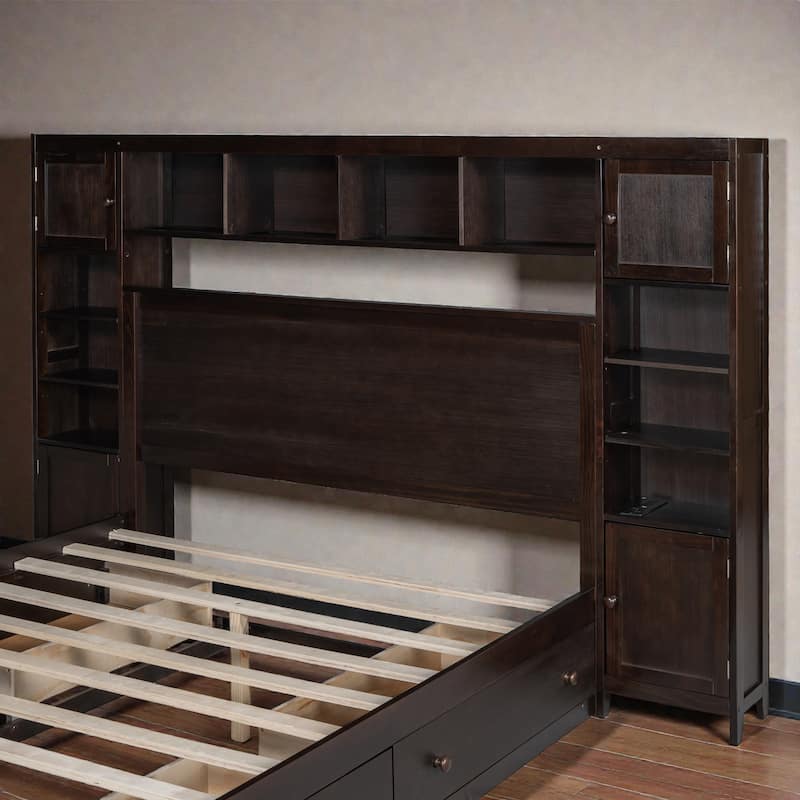 Queen Size Wooden Platform Bed with Storage Drawers, Shelves and Built-In Outlets, All-in-One Headboard Bed