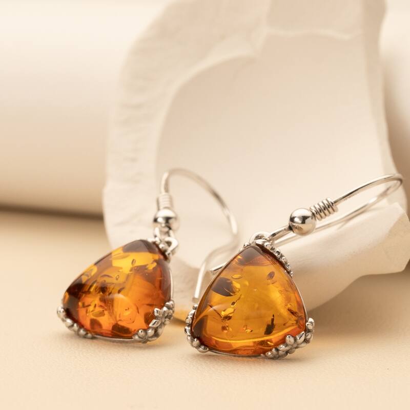 Baltic Amber Trillion Drop Earrings in Sterling Silver