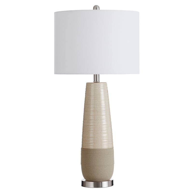 Evian - Two-Tone Ceramic Table Lamp - Speckled Cream, Greige Finish - Brushed Silver Base - White Linen Shade
