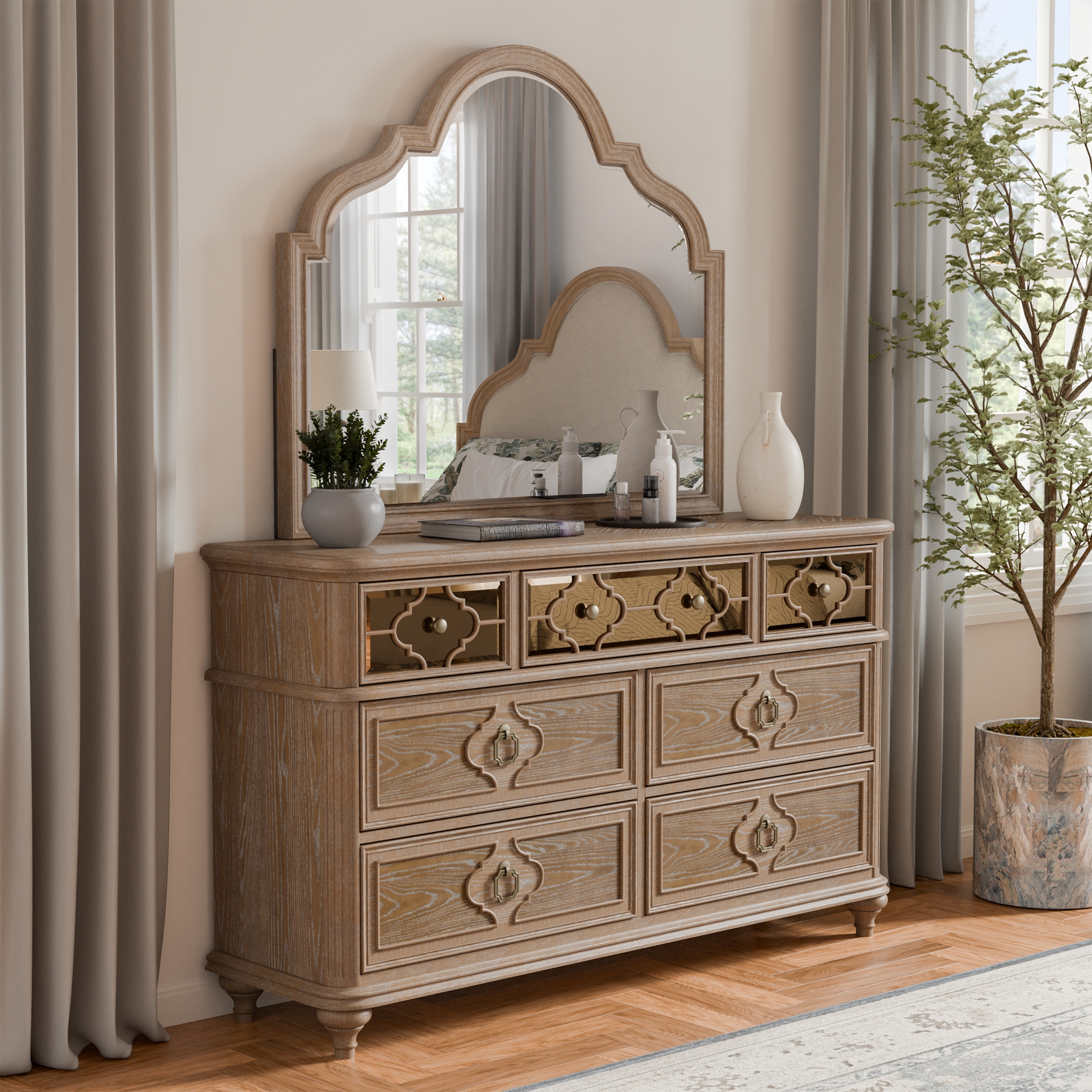 Furniture of America Brightwell Rustic Oak 7 Drawer Standard Dresser with Mirror in Brown IDF N7417AK DM