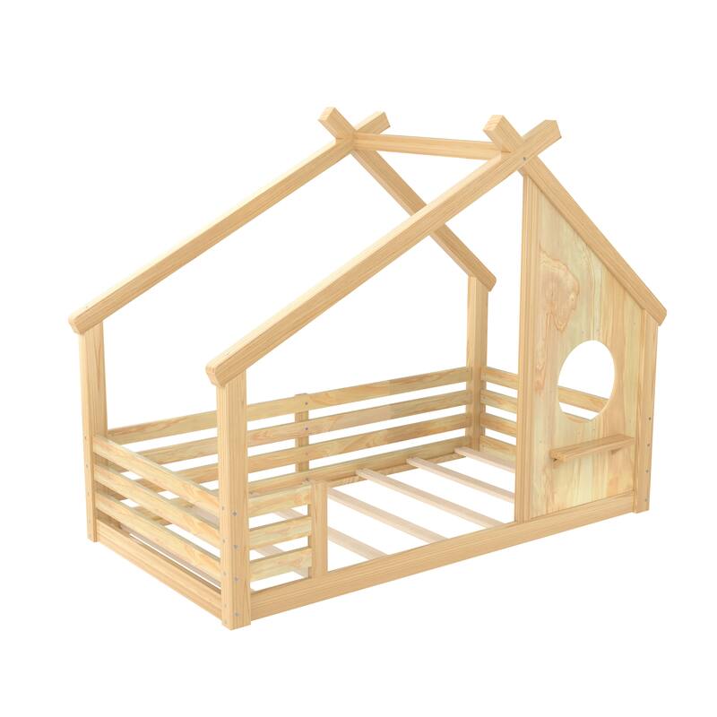 Wooden House Floor Bed, Modern Kids Montessori Playhouse Bed Frame with Window and Roof