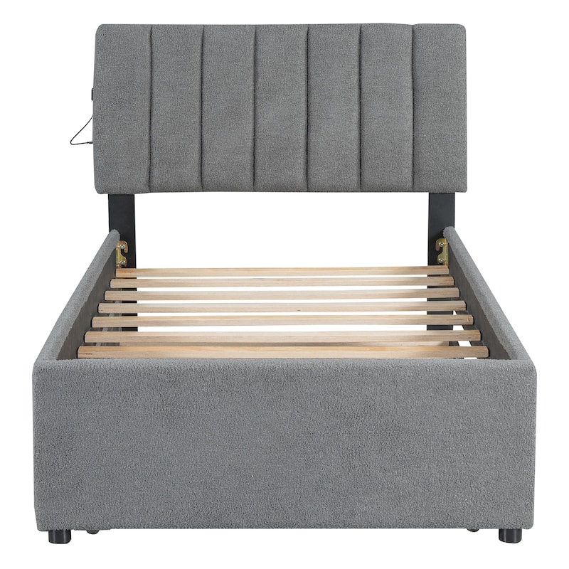 Teddy Fleece Twin Size Upholstered Platform Bed with Trundle, Gray