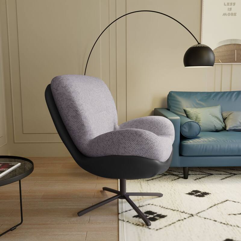 Black+Light Gray Modern 32.25" Chenille 360° Swivel Lounge Chair with Faux Leather Metal Base Frame