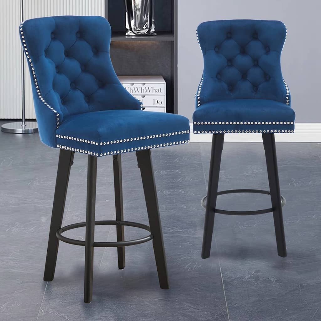 2PCS Velvet Swivel Bar Stools With 4 Wood Legs