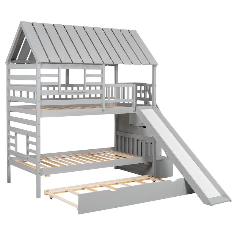 Twin Over Twin House Bunk Bed With Slide And Windows