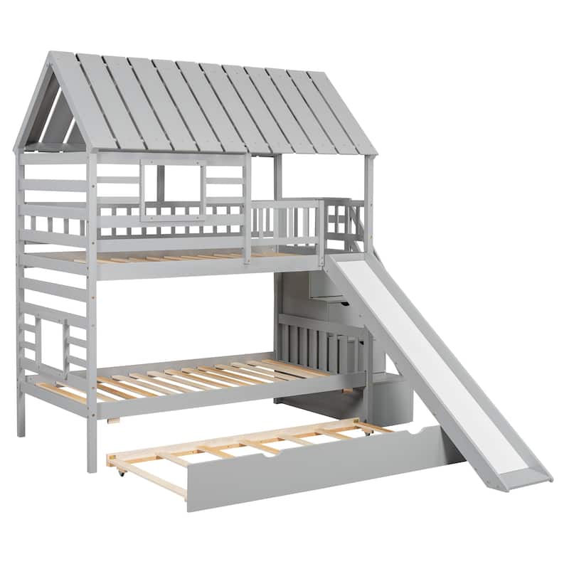 Twin over Twin House Bunk Bed with Trundle & Slide, Storage Staircase