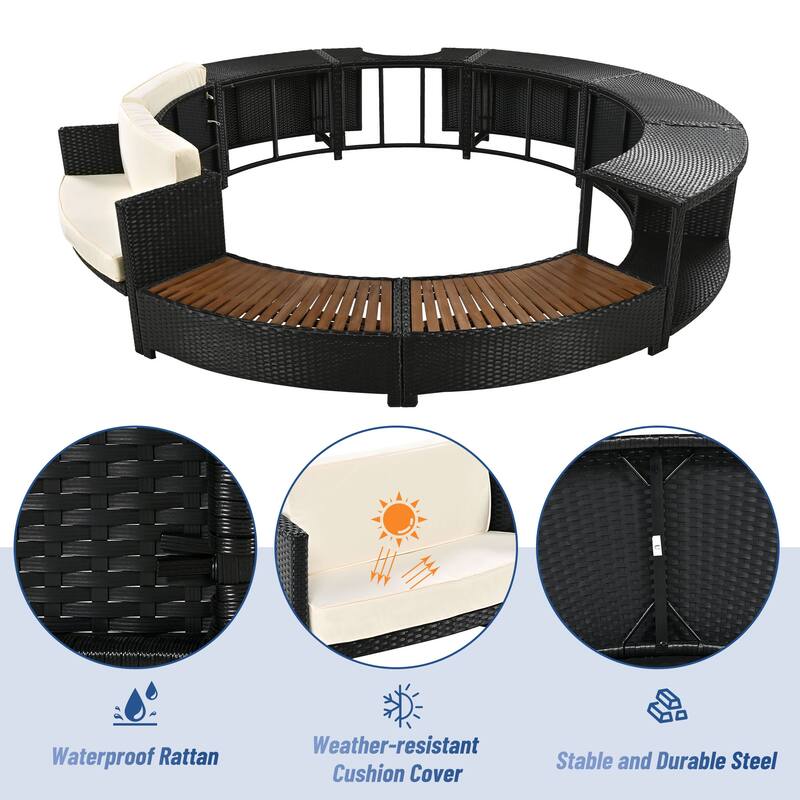 Outdoor Patio Rattan Spa Surround Frame Sofa Set with Storage Spaces, Bench and Cushions