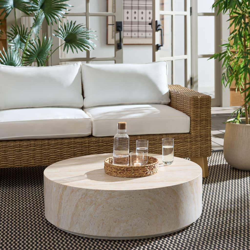 SAFAVIEH Outdoor Patio Furniture Tina Round Coffee Table, Marble-Look Low Profile Table for Indoor and Outdoor Use