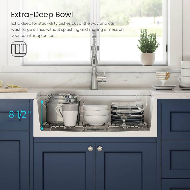 White Fireclay Farmhouse Undermount Kitchen Sink with Bottom Grid and Strainer