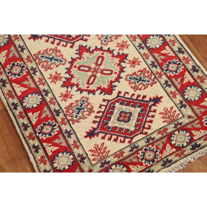 Geometric Kazak Oriental Rug Handmade Traditional Beige Wool Carpet - 2'0" x 3'0"