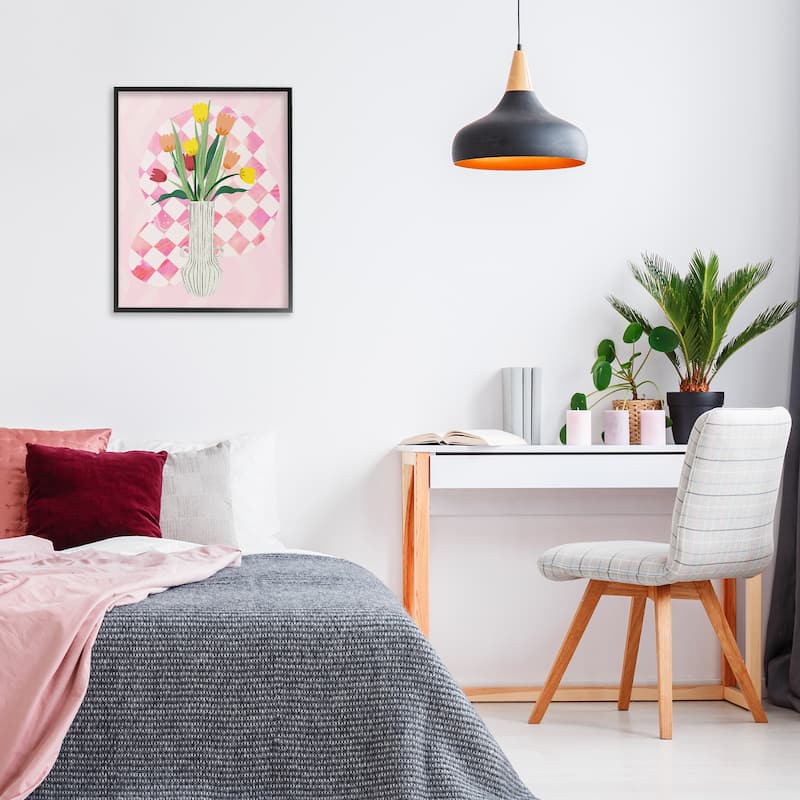 Stupell Yellow Tulip Vase on Checkered Framed Giclee Art Design By Ziwei Li