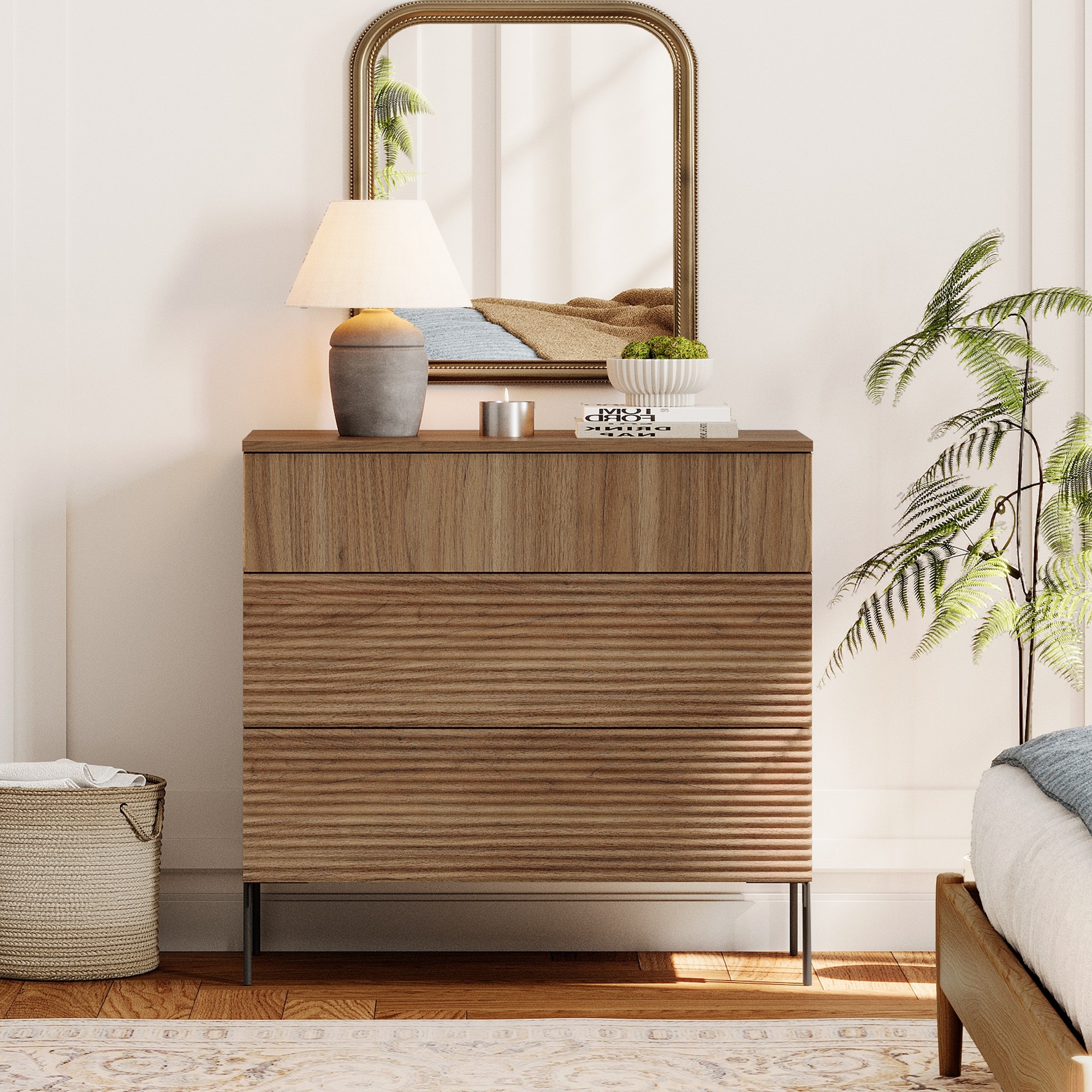 Modern Wood 3-Drawer Dresser With Reeded Design, Minimalist Dresser Organizer Storage