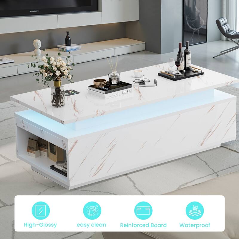 Pocassy 47.2 Inches Living Room Tables Modern LED Coffee Table