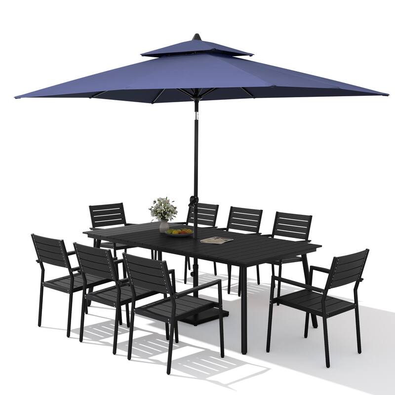 11PC Outdoor Patio Dining Set Aluminum Table with Stackable Armchairs w/ Market Umbrella Set