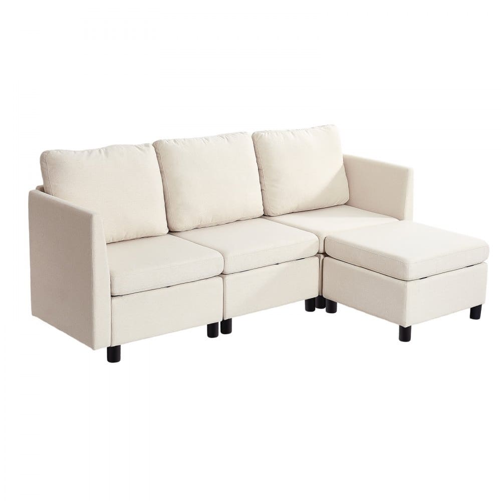 Beige Cotton-Linen Modular Sectional Sofa with Storage, Plush Cushions anda Kid-Friendly Design - 78.3 x 24 x 24 in
